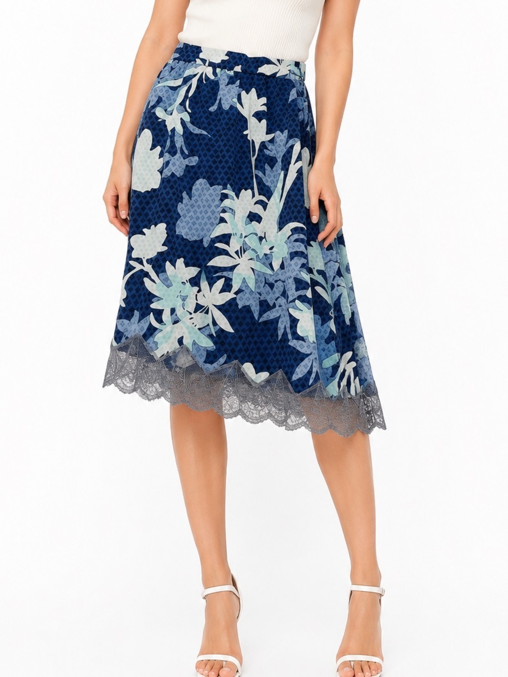 LOGO Lori Goldstein L blue floral lace asymmetrical midi skirt cottage romantic